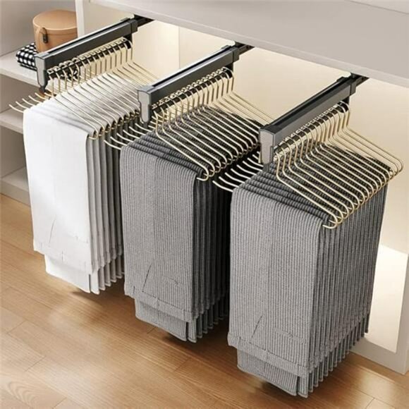Pull out pants rack closet organizer slide out clothes hanger rail space saving - Picture 2 of 6